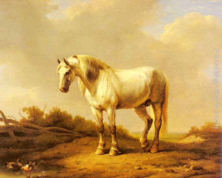 A White Stallion In A Landscape painting - Eugene Verboeckhoven A White Stallion In A Landscape art painting